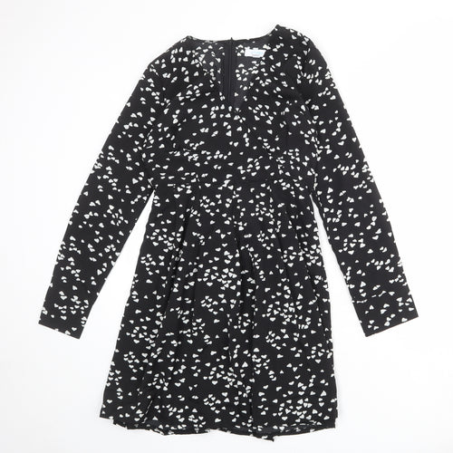 Blue Vanilla Womens Black Geometric Polyester A-Line Size 10 V-Neck Zip - Heart Print