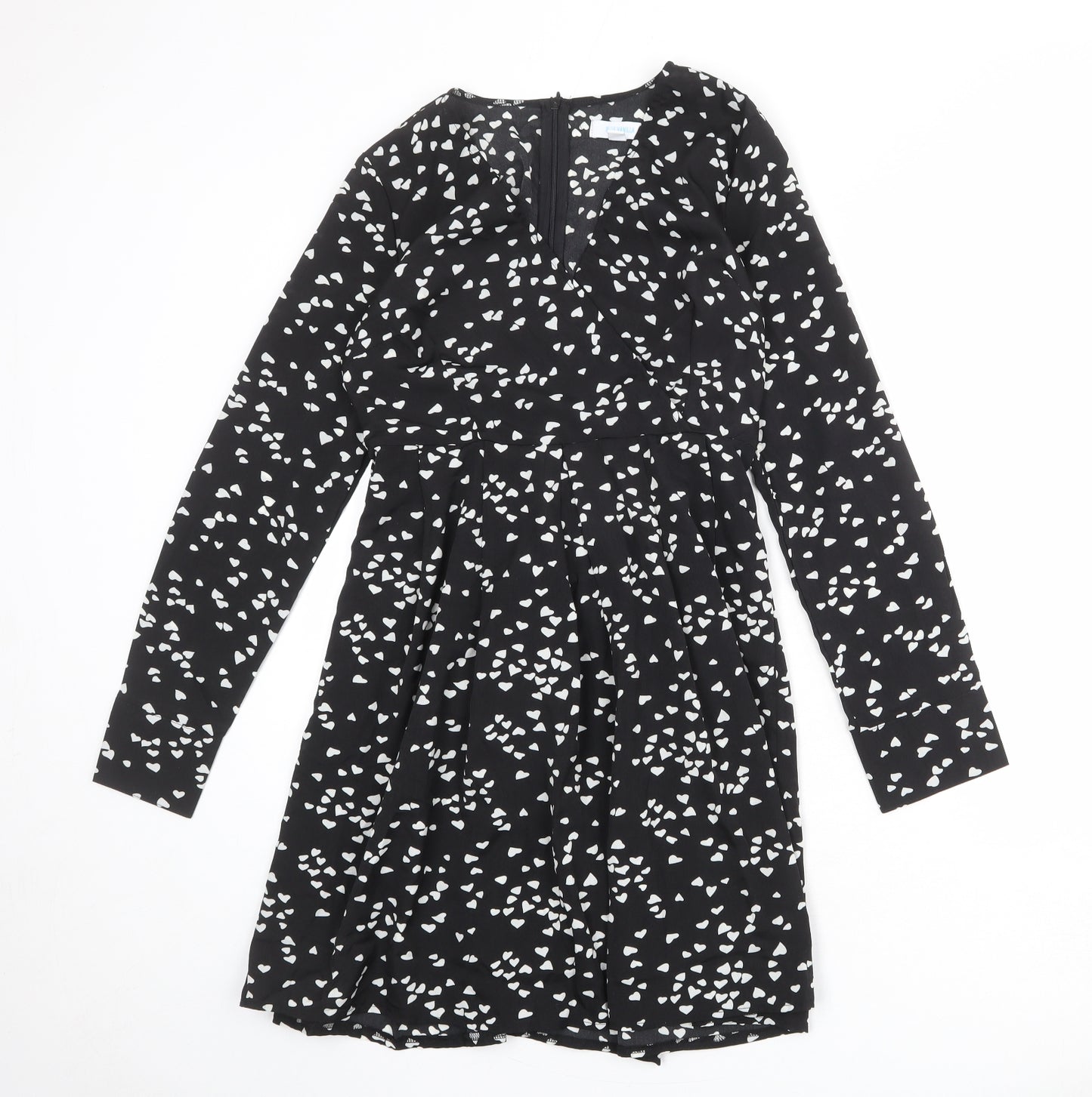 Blue Vanilla Womens Black Geometric Polyester A-Line Size 10 V-Neck Zip - Heart Print