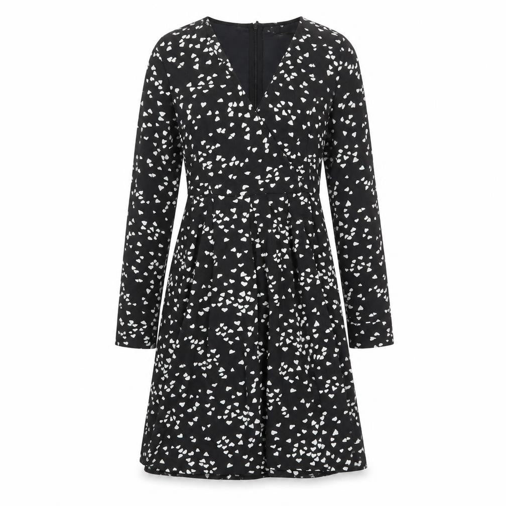 Blue Vanilla Womens Black Geometric Polyester A-Line Size 10 V-Neck Zip - Heart Print
