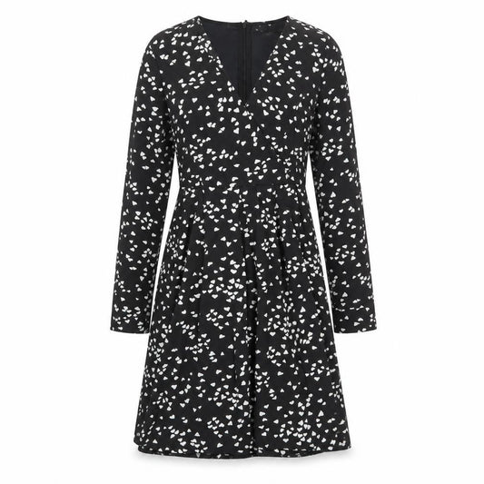 Front view of Blue Vanilla women’s black geometric polyester a-line, size UK 10, v-neck zip - heart print