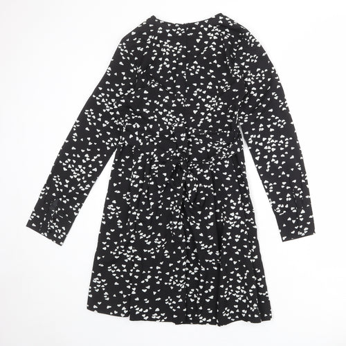 Blue Vanilla Womens Black Geometric Polyester A-Line Size 10 V-Neck Zip - Heart Print