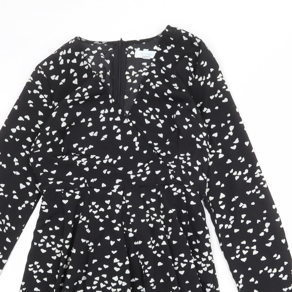 Blue Vanilla Womens Black Geometric Polyester A-Line Size 10 V-Neck Zip - Heart Print