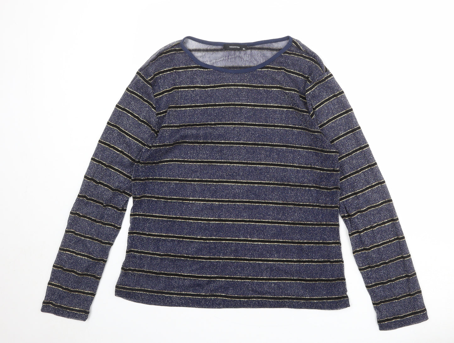 RESERVED Womens Blue Striped Polyester Basic T-Shirt Size XL Round Neck