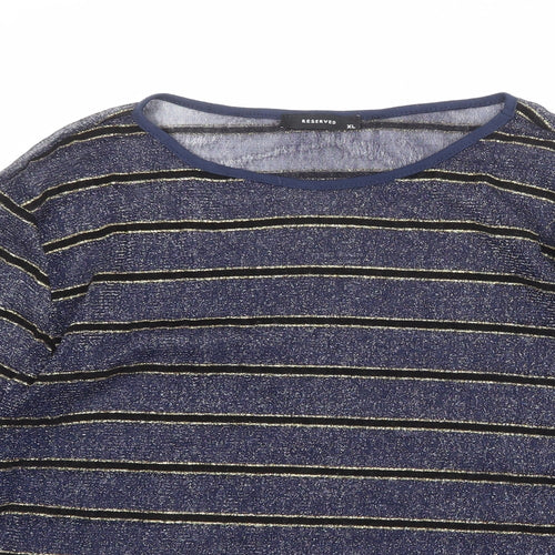 RESERVED Womens Blue Striped Polyester Basic T-Shirt Size XL Round Neck