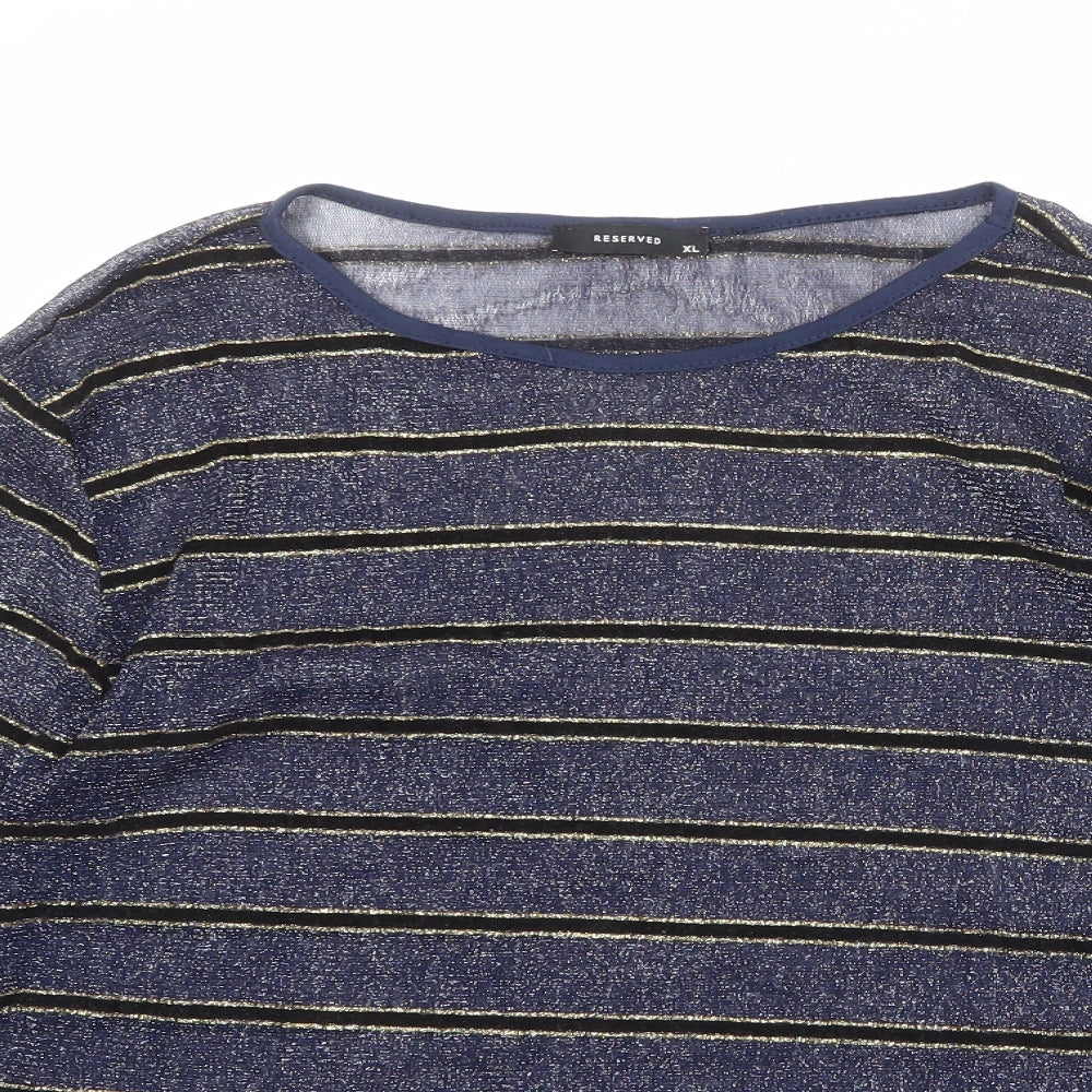 RESERVED Womens Blue Striped Polyester Basic T-Shirt Size XL Round Neck