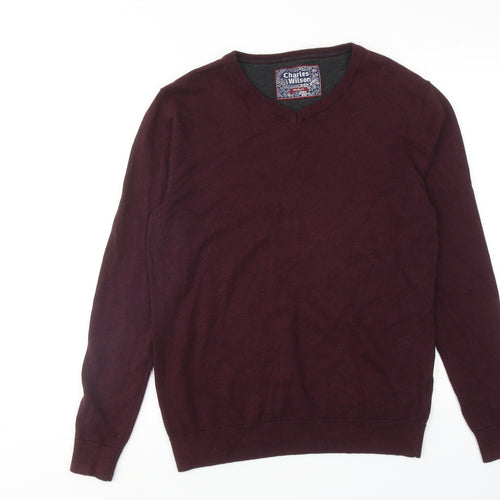 Charles Wilson Mens Red V-Neck Cotton Pullover Jumper Size M Long Sleeve