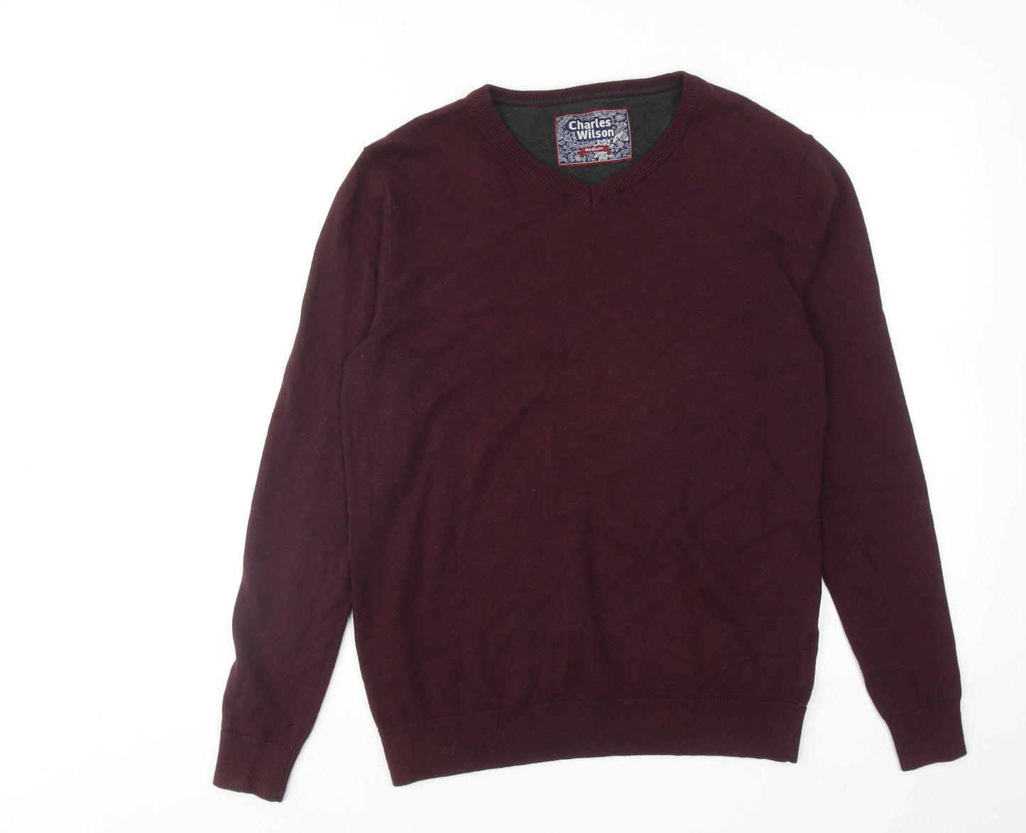 Charles Wilson Mens Red V-Neck Cotton Pullover Jumper Size M Long Sleeve