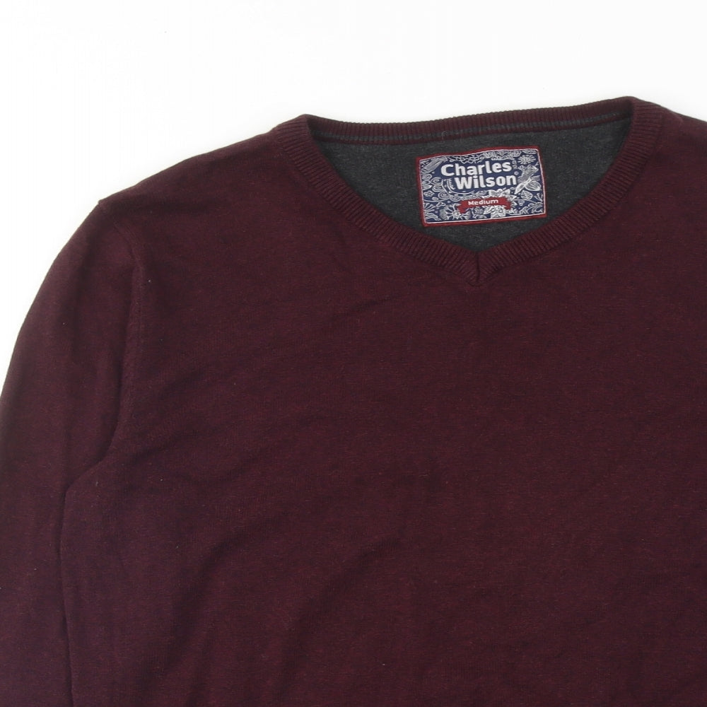 Charles Wilson Mens Red V-Neck Cotton Pullover Jumper Size M Long Sleeve