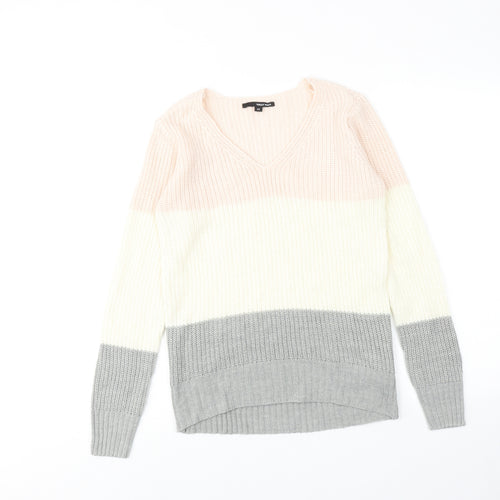 TALLY WEiJL Womens Multicoloured V-Neck Striped Acrylic Pullover Jumper Size XS