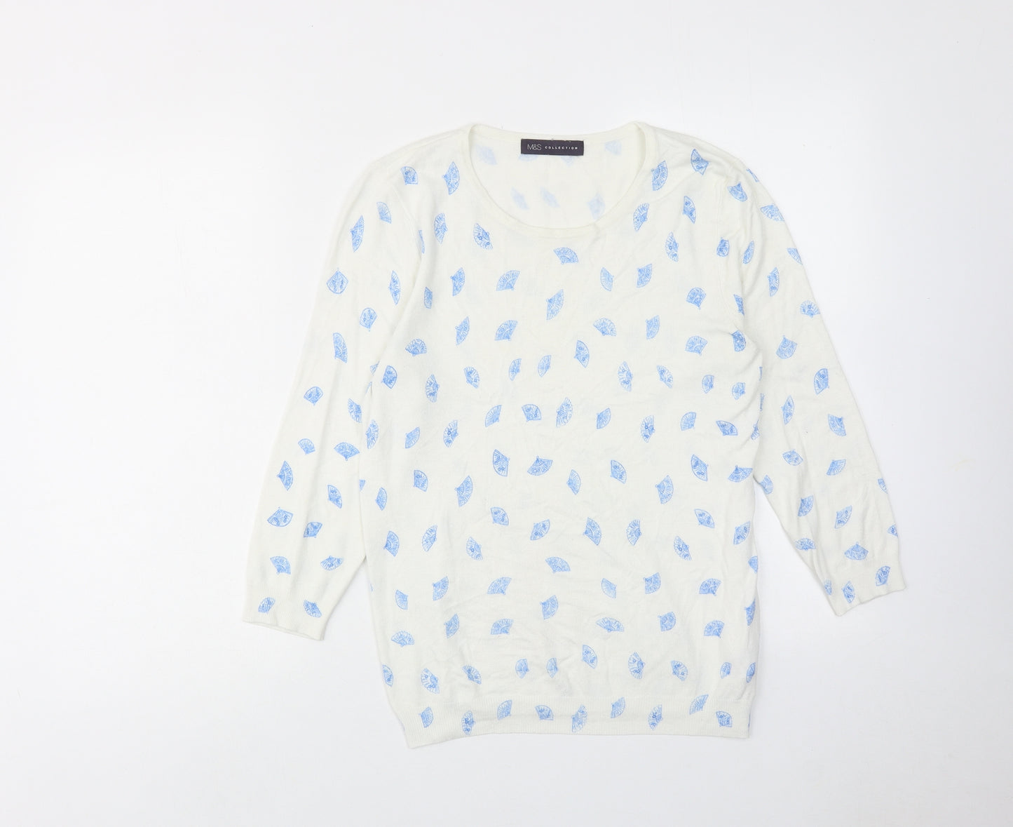 Marks and Spencer Womens White Round Neck Geometric Viscose Pullover Jumper Size 12 - Spanish Fan Print