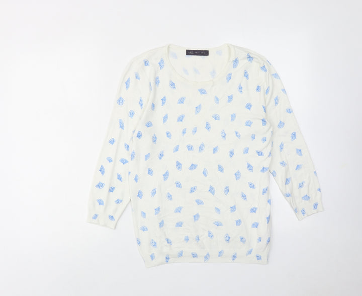 Marks and Spencer Womens White Round Neck Geometric Viscose Pullover Jumper Size 12 - Spanish Fan Print