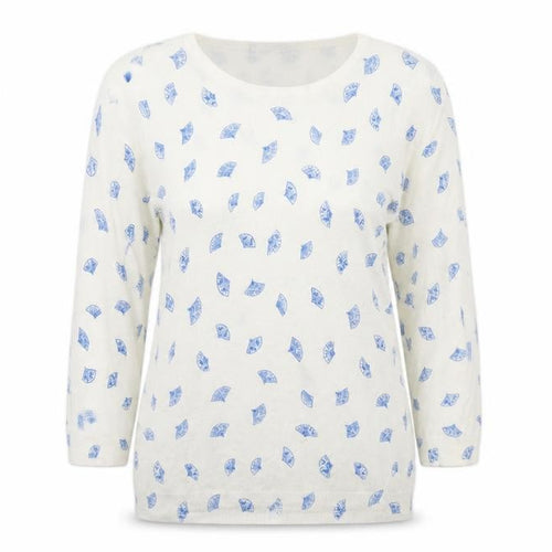 Marks and Spencer Womens White Round Neck Geometric Viscose Pullover Jumper Size 12 - Spanish Fan Print
