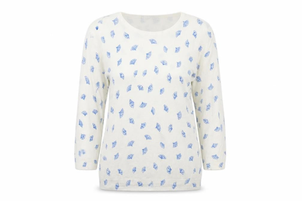 Marks and Spencer Womens White Round Neck Geometric Viscose Pullover Jumper Size 12 - Spanish Fan Print