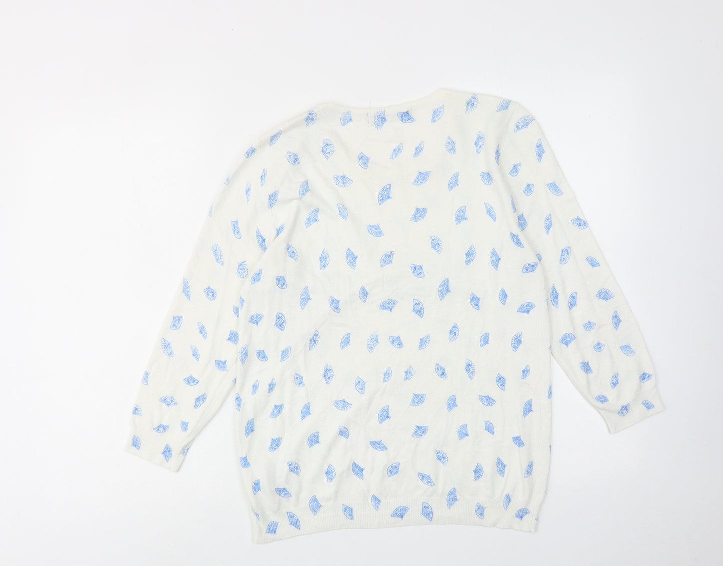 Marks and Spencer Womens White Round Neck Geometric Viscose Pullover Jumper Size 12 - Spanish Fan Print