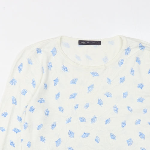 Marks and Spencer Womens White Round Neck Geometric Viscose Pullover Jumper Size 12 - Spanish Fan Print