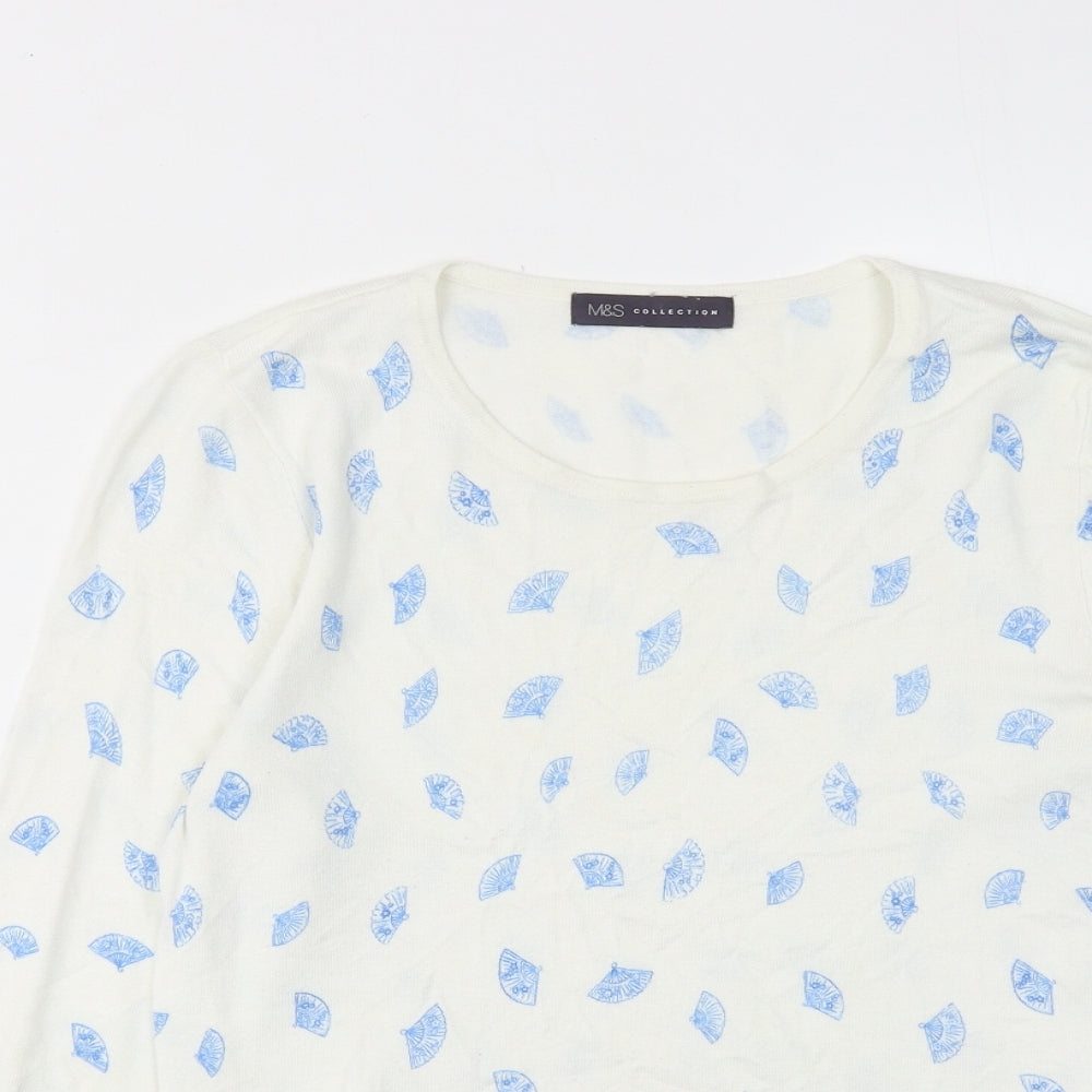 Marks and Spencer Womens White Round Neck Geometric Viscose Pullover Jumper Size 12 - Spanish Fan Print