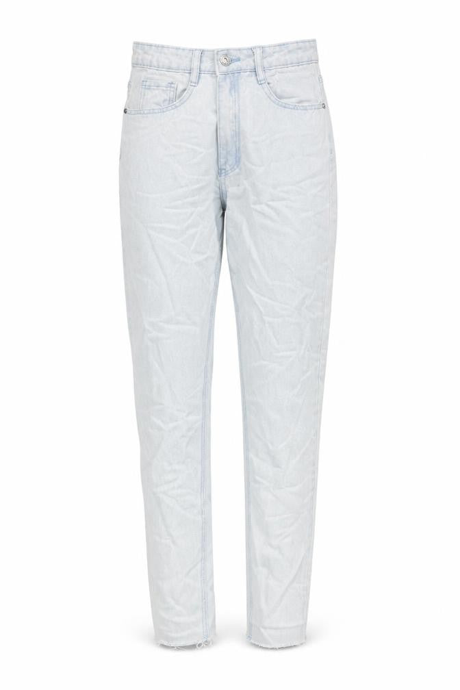 Front view of Missguided women’s blue cotton tapered jeans, size UK 8, regular zip