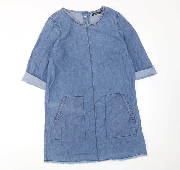 Boohoo Womens Blue Cotton Shift Size 8 Boat Neck Button