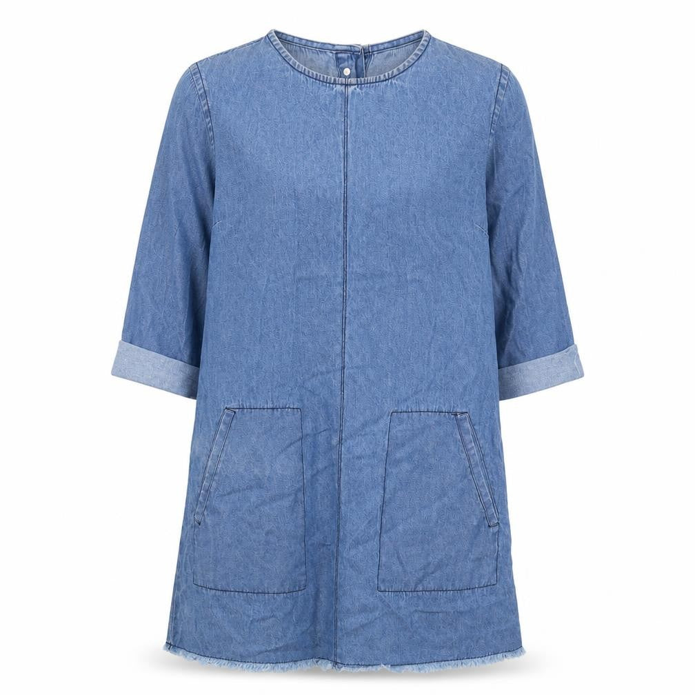 Front view of Boohoo women’s blue cotton shift, size UK 8, boat neck button