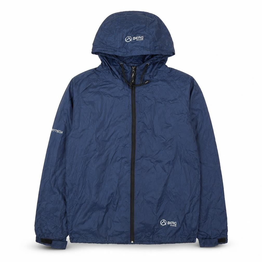 Front view of Berg men’s blue windbreaker jacket, size S, zip
