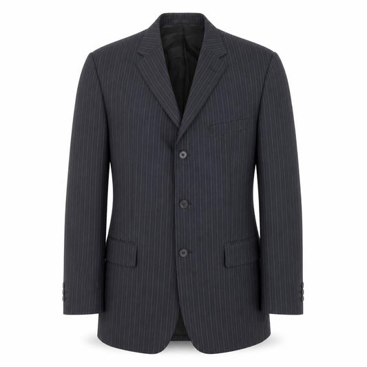 Front view of Burton men’s black striped polyester jacket suit jacket, size 40, regular