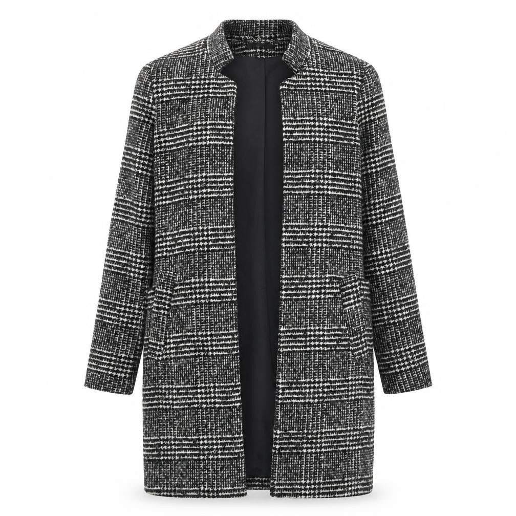 Front view of H&M women’s black plaid overcoat coat, size UK 8