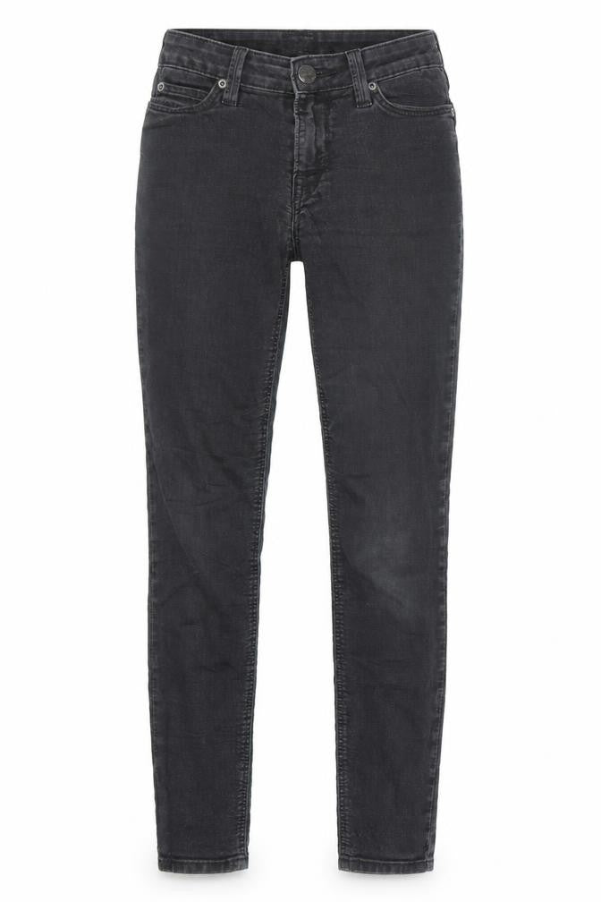 Front view of Lee women’s black cotton skinny jeans, size UK 25, in regular zip