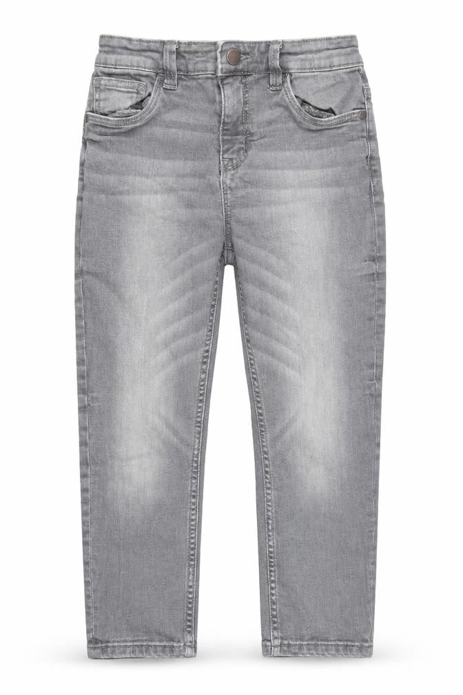 Front view of Next boys’ grey cotton straight jeans, size 9, months regular zip