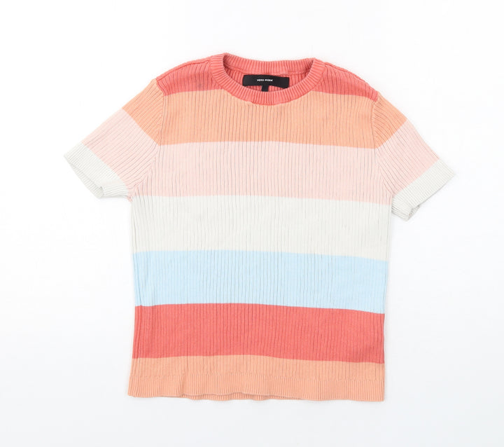 VERO MODA Womens Multicoloured Round Neck Striped Cotton Pullover Jumper Size L