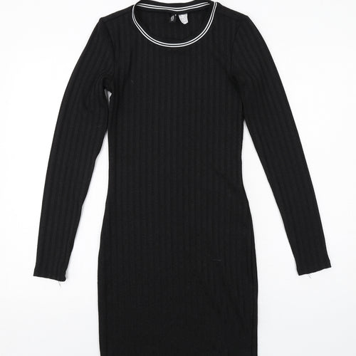 H&M Womens Black Polyester Mini Size 6 Round Neck Pullover - Ribbed