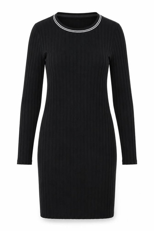 Front view of H&M women’s black polyester mini, size UK 6, round neck pullover - ribbed