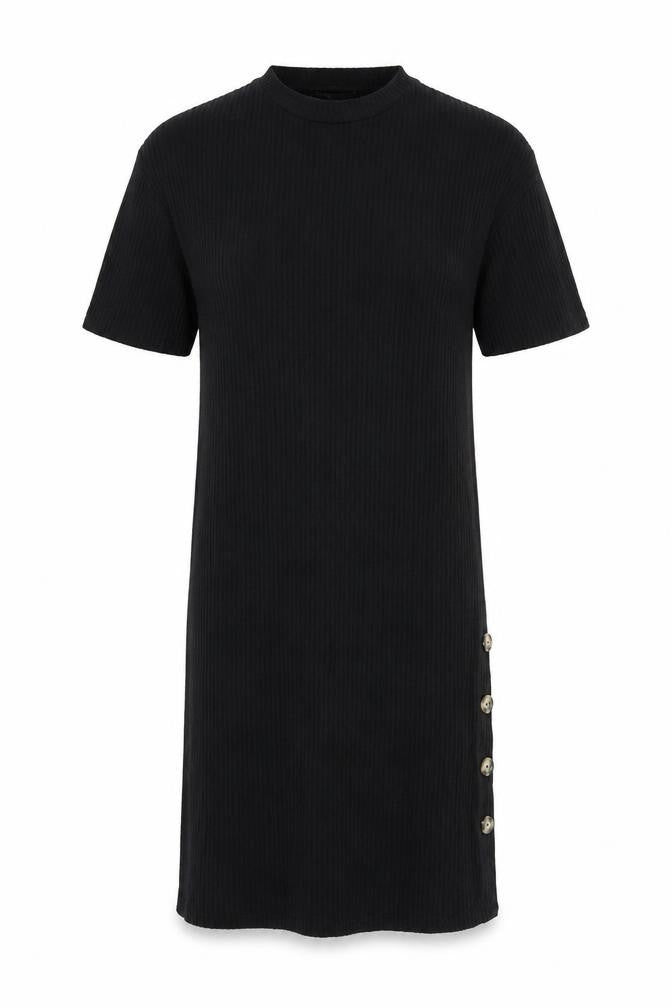 Front view of Pull&Bear women’s black viscose t-shirt dress, size XS, crew neck pullover - ribbed