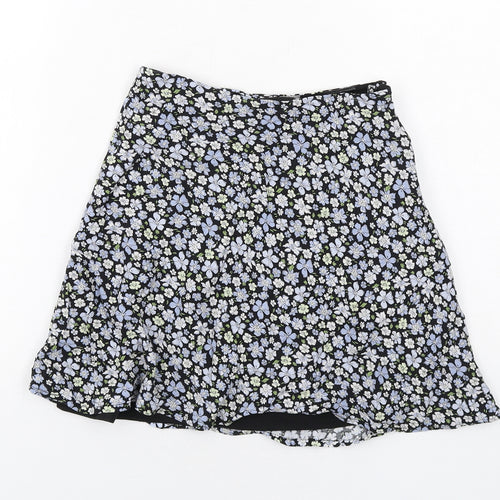 H&M Womens Blue Floral Viscose Skater Skirt Size 4 Zip