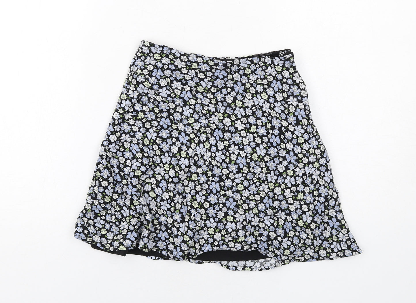 H&M Womens Blue Floral Viscose Skater Skirt Size 4 Zip