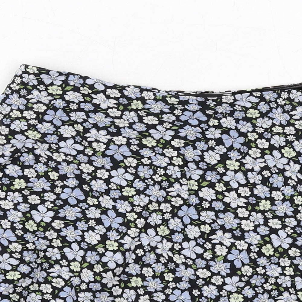 H&M Womens Blue Floral Viscose Skater Skirt Size 4 Zip