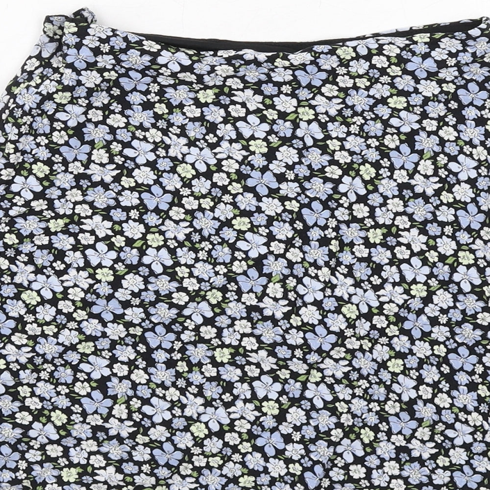 H&M Womens Blue Floral Viscose Skater Skirt Size 4 Zip