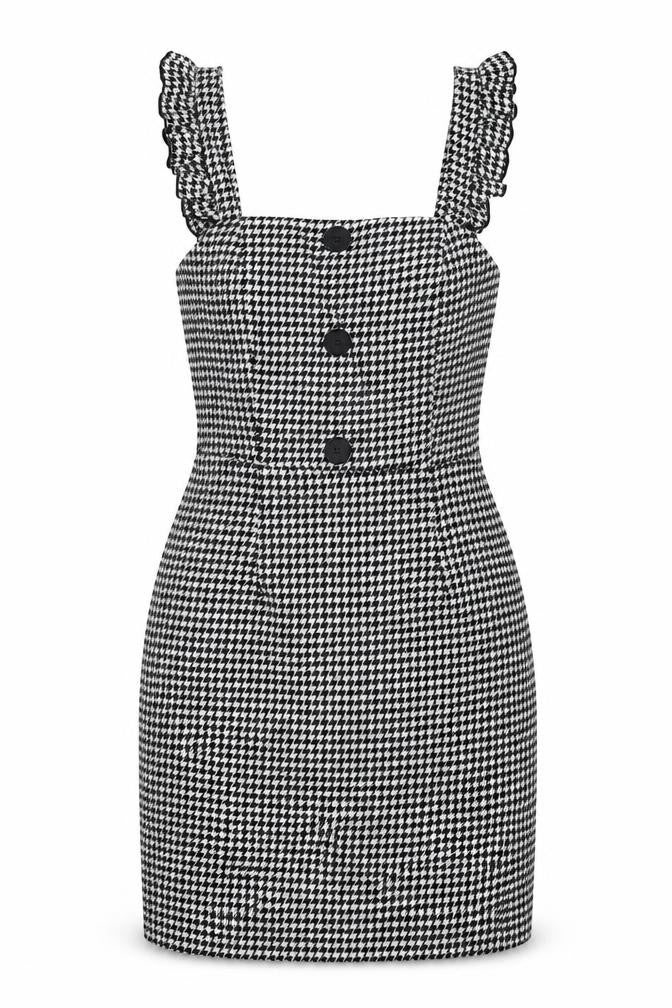 Front view of New Look women’s black geometric polyester mini, size UK 6, square neck zip