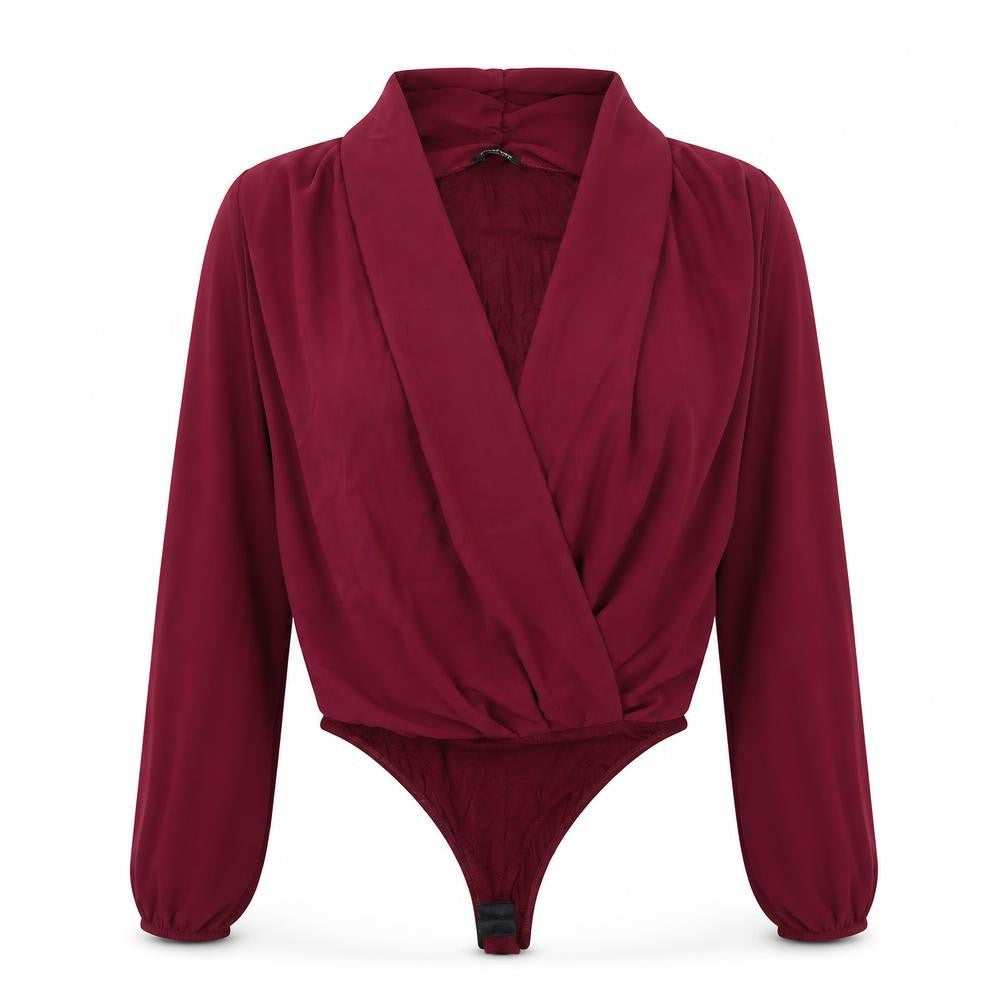 Front view of Boohoo women’s purple polyester bodysuit one-piece, size UK 10, hook & eye