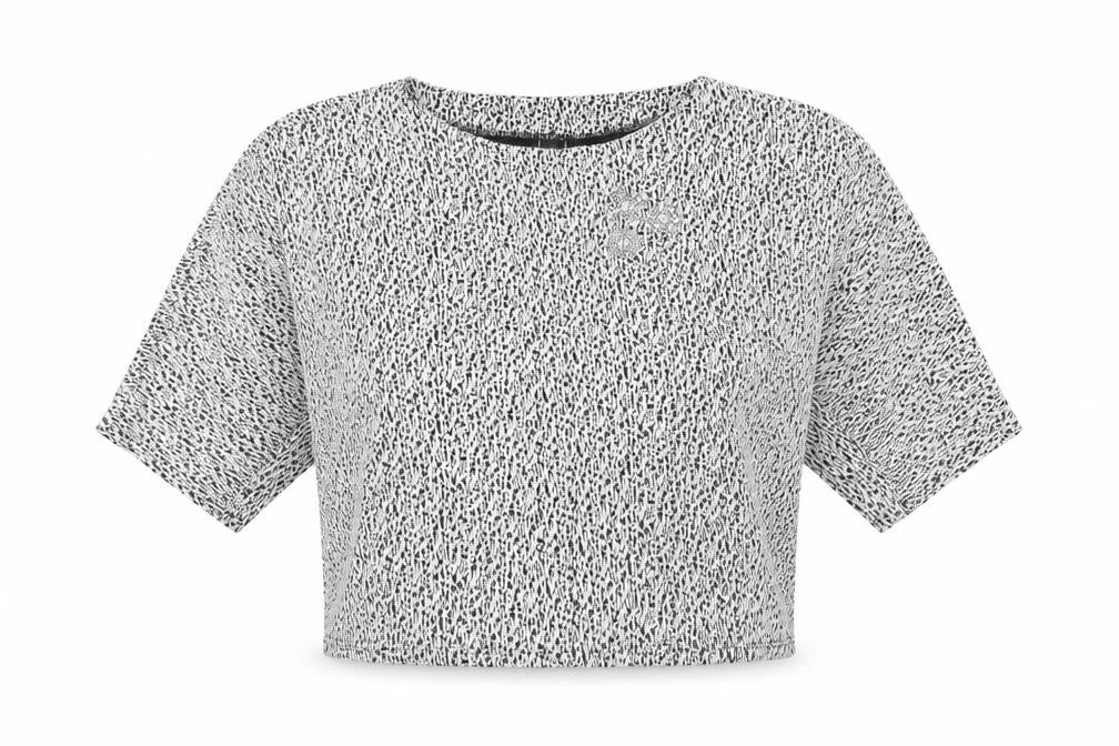 Front view of Zara women’s white geometric viscose basic blouse, size M, boat neck