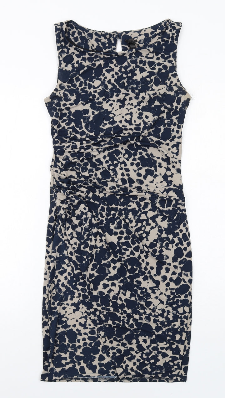 NEXT Womens Blue Geometric Polyester Shift Size 8 Round Neck Button