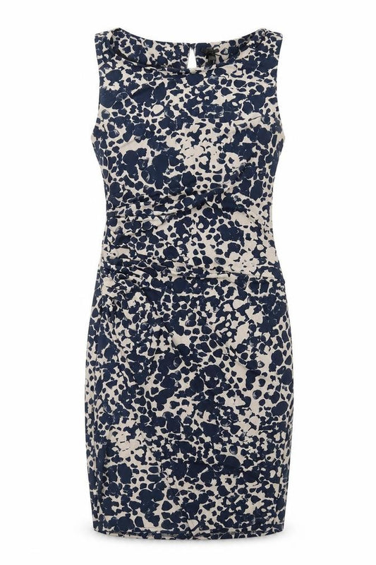 Front view of Next women’s blue geometric polyester shift, size UK 8, round neck button