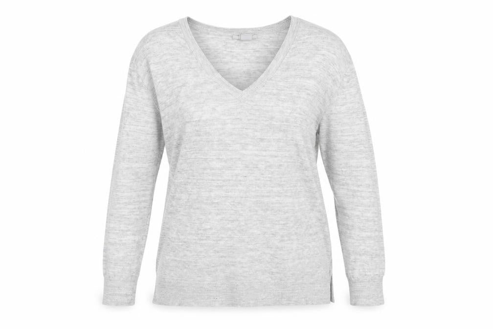 Front view of H&M women’s grey v-neck viscose jumper, size L