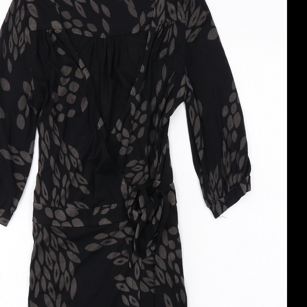 H&M Womens Black Geometric Viscose Wrap Dress Size 10 V-Neck Tie