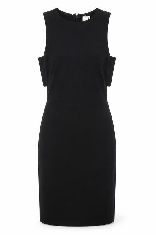Front view of H&M women’s black colourblock polyester shift, size UK 4, round neck zip