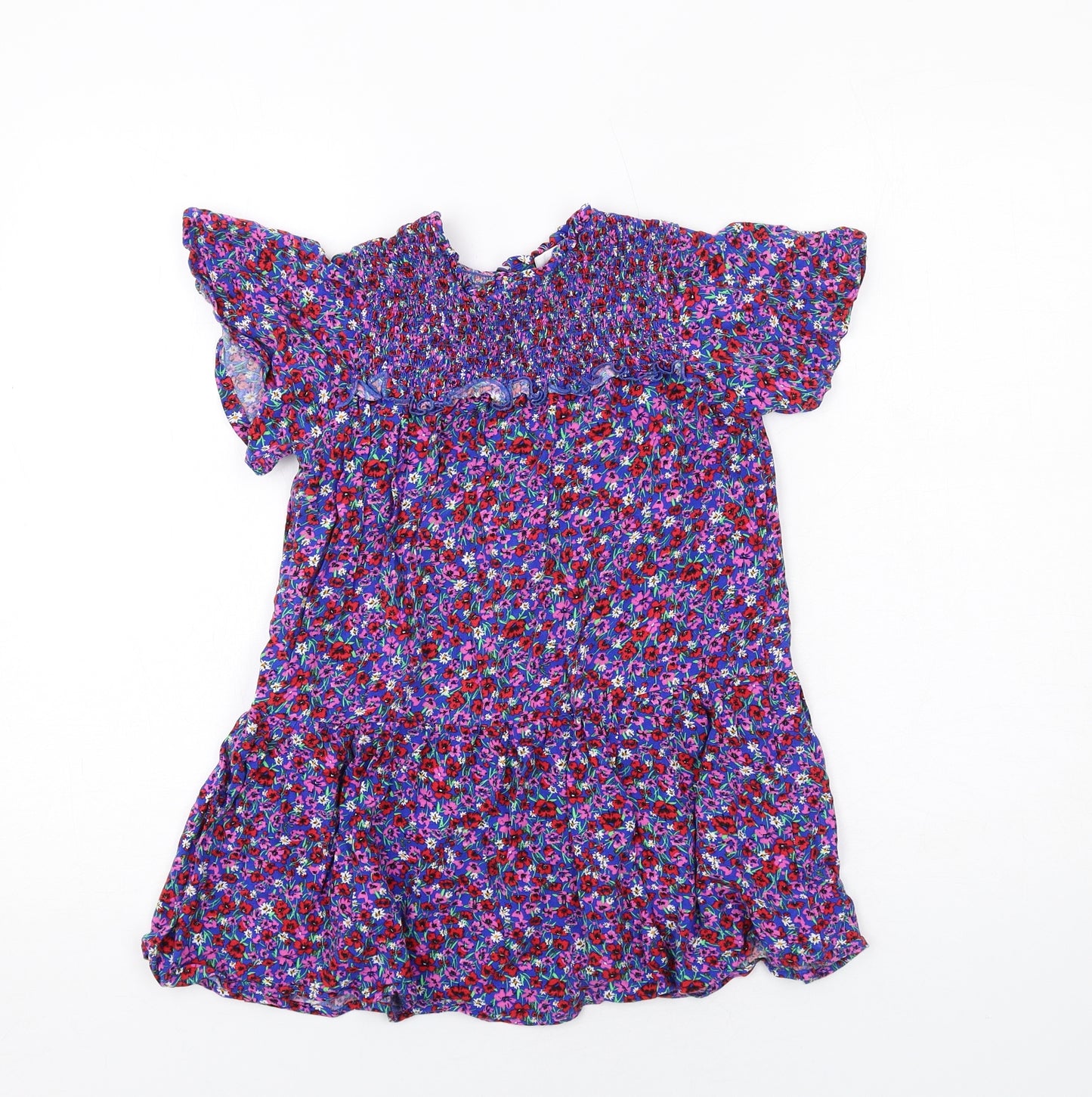 NEXT Girls Blue Floral Viscose Skater Dress Size 7 Years Round Neck Button