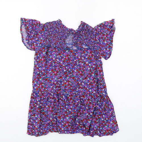 NEXT Girls Blue Floral Viscose Skater Dress Size 7 Years Round Neck Button