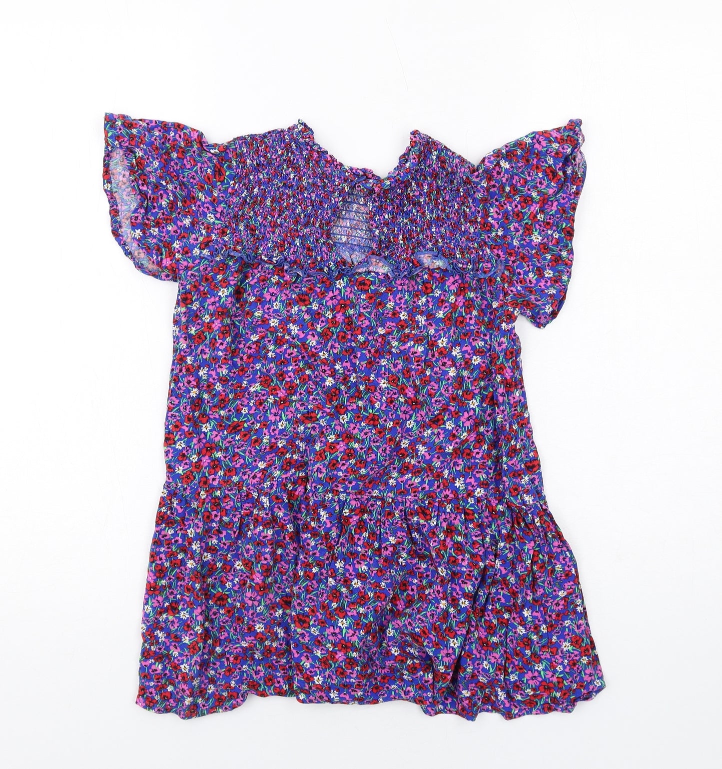 NEXT Girls Blue Floral Viscose Skater Dress Size 7 Years Round Neck Button