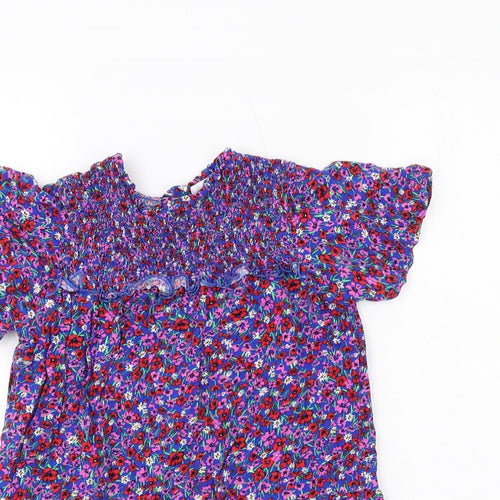 NEXT Girls Blue Floral Viscose Skater Dress Size 7 Years Round Neck Button
