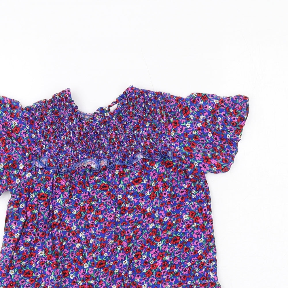 NEXT Girls Blue Floral Viscose Skater Dress Size 7 Years Round Neck Button