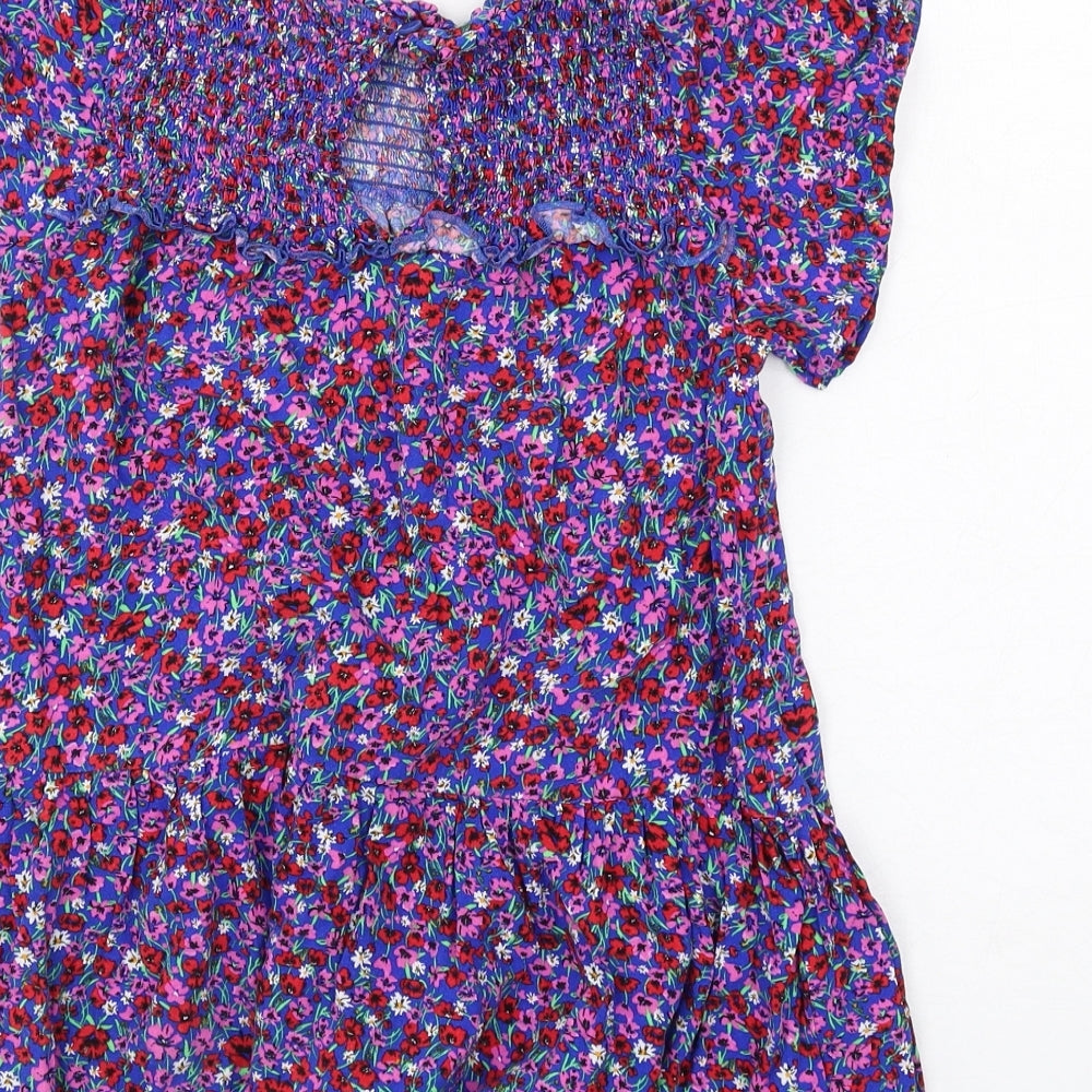 NEXT Girls Blue Floral Viscose Skater Dress Size 7 Years Round Neck Button